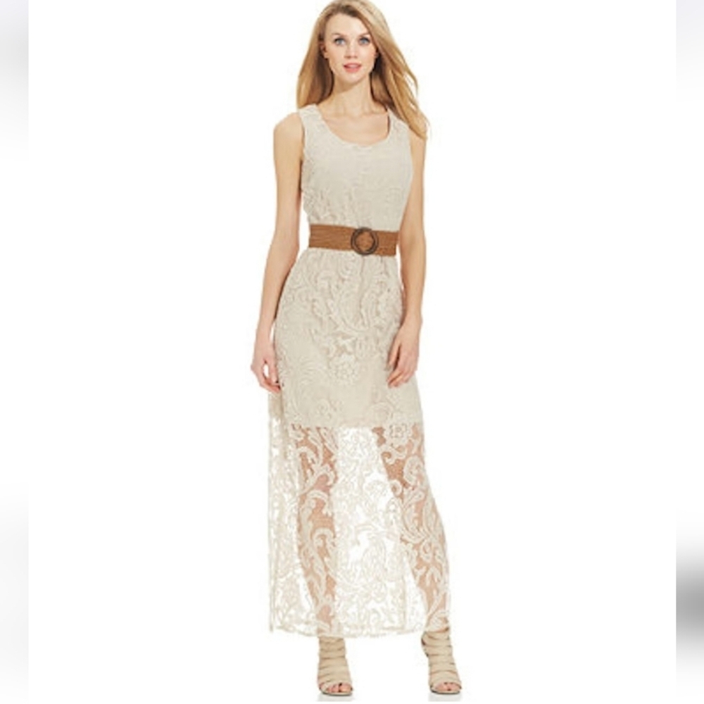 NWT Jessica Howard Cream Lined Lace Maxi Dress Brown Woven Belt Sz 8